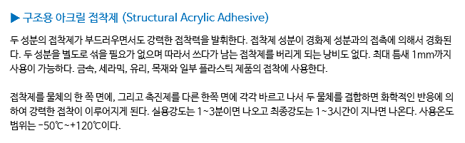 ▶ 구조용 아크릴 접착제 (Structural Acrylic Adhesive) 두 성분의 접착제가 부드러우면서도 강력한 접착력을 발휘한다. 접착제 성분이 경화제 성분과의 접촉에 의해서 경화된다. 두 성분을 별도로 섞을 필요가 없으며 따라서 쓰다가 남는 접착제를 버리게 되는 낭비도 없다. 최대 틈새 1mm까지 사용이 가능하다. 금속, 세라믹, 유리, 목재와 일부 플라스틱 제품의 접착에 사용한다. 접착제를 물체의 한 쪽 면에, 그리고 촉진제를 다른 한쪽 면에 각각 바르고 나서 두 물체를 결합하면 화학적인 반응에 의하여 강력한 접착이 이루어지게 된다. 실용강도는 1~3분이면 나오고 최종강도는 1~3시간이 지나면 나온다. 사용온도 범위는 -50℃~+120℃이다.